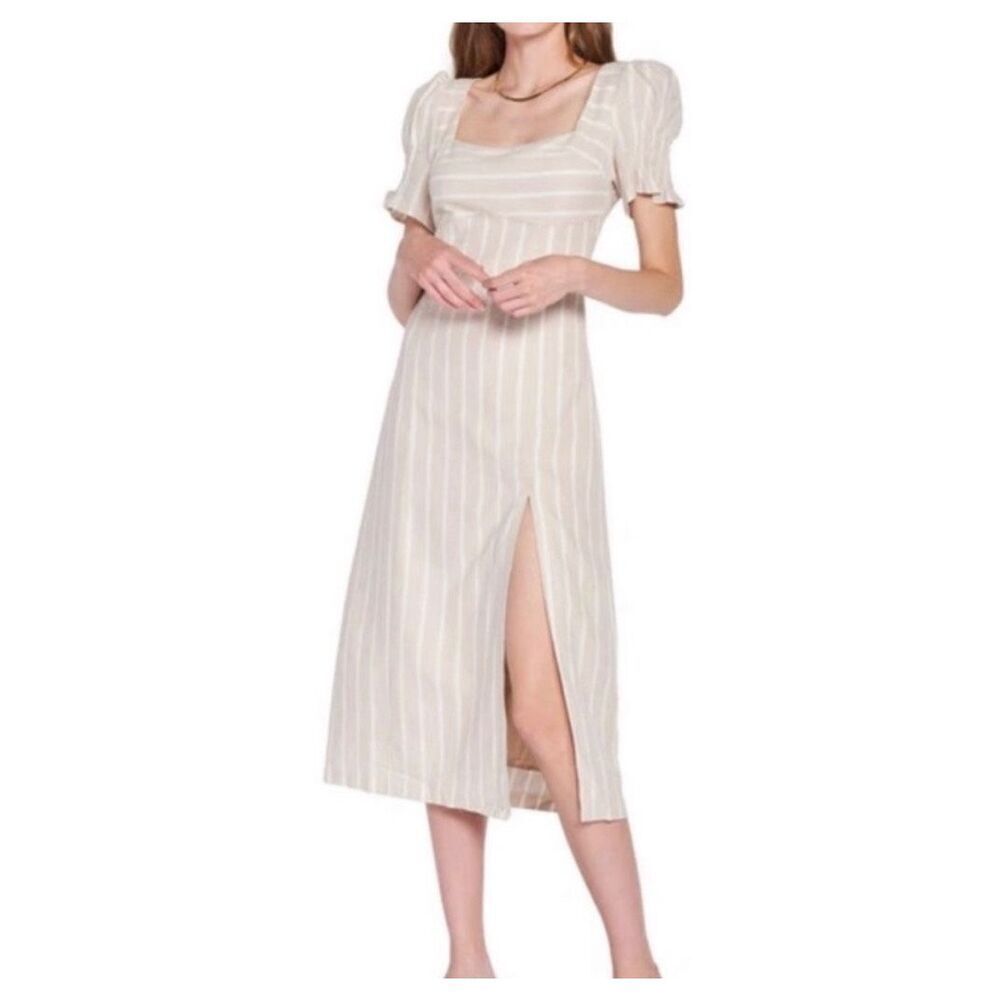 Anthropologie En Saison Square Neck Puff Sleeve Linen Blend Midi Dress Size L